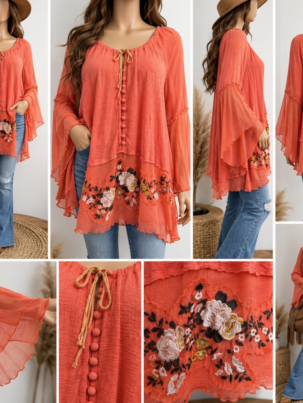 Free People Large Coral Boho Embroidered Tunic Sheer Bell Sleeve Blouse